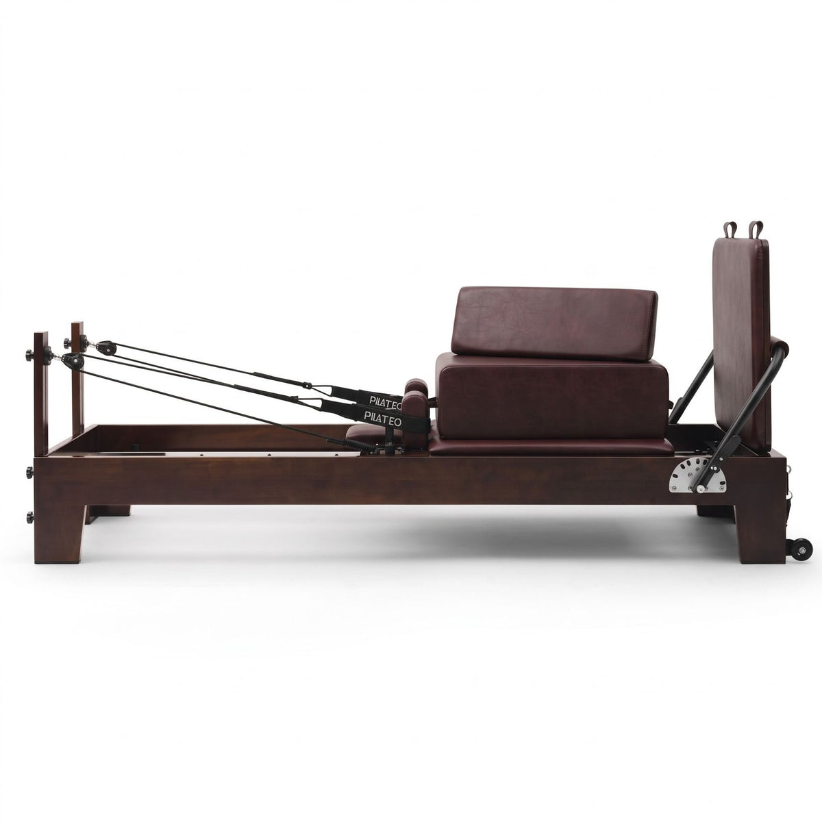 Pilates reformer Prestige wine, side view with sitting box